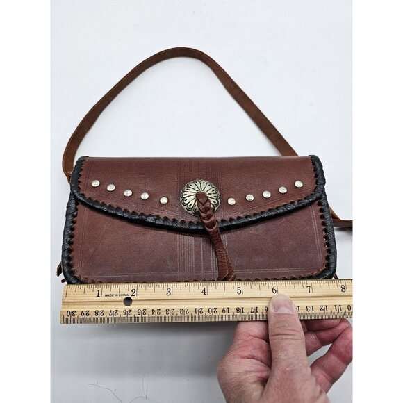 Vintage Four Winds Leather Crossbody Purse Handbag,Pewter Accents Western Boho - Picture 12 of 15